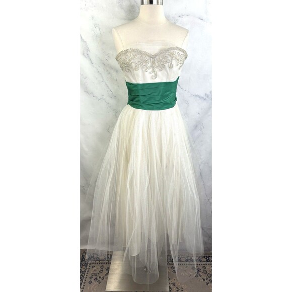 Vintage 1950s Cupcake Prom Dress SZ XS Gown Tulle Strapless white green sequence - Picture 10 of 16